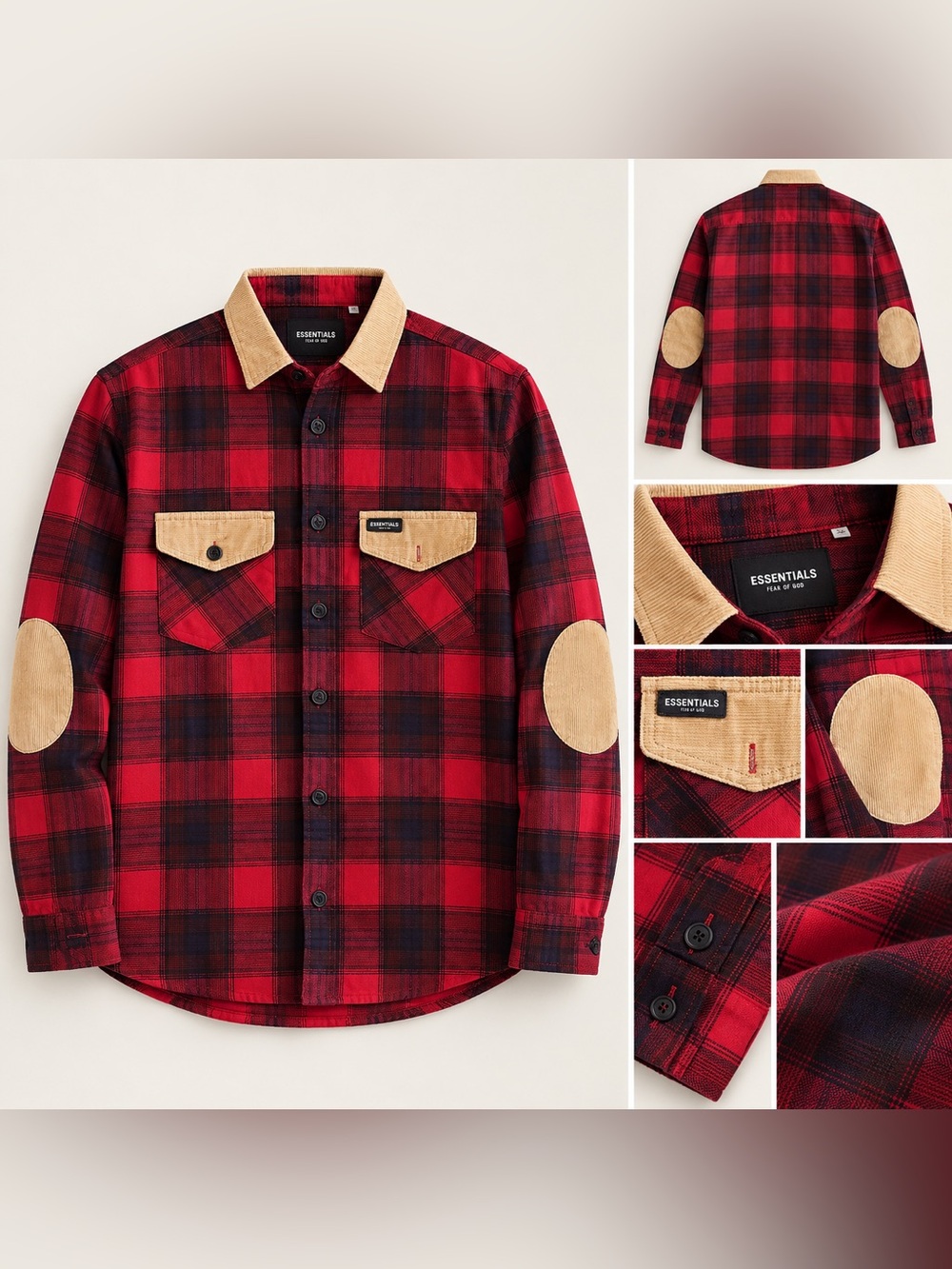 Essentials Red and Black Plaid Button-Down Shirt with Tan Corduroy Accents